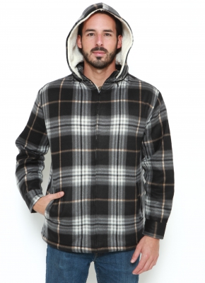 Elevani Men's Plaid Sherpa Lined Full-Zip Detachable Hoodie Jacket Black/Grey/Brown