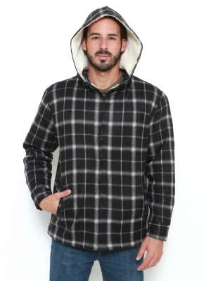 Elevani Men's Plaid Sherpa Lined Full-Zip Detachable Hoodie Jacket Black/Grey