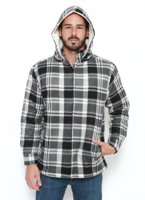 Elevani Men's Plaid Sherpa Lined Full-Zip Detachable Hoodie Jacket Grey/White/Black